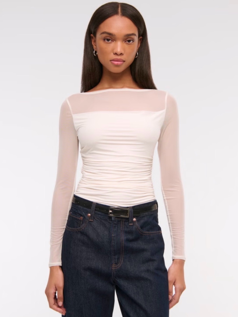 Abercrombie & Fitch White Mesh Ruched Long Sleeve Top Size L NWT